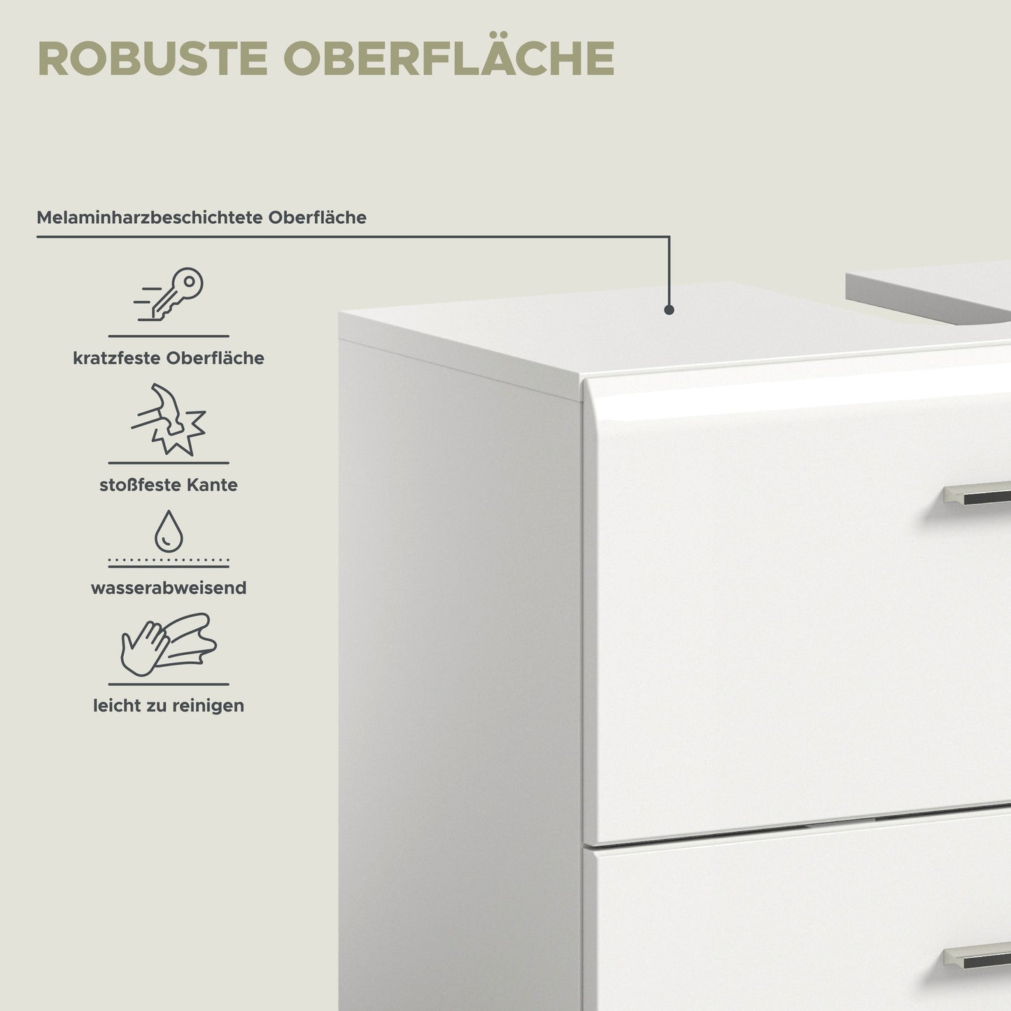 Badmöbel-Set mit melaminbeschichteten weißen Fronten, Griffleisten und Schubfächern