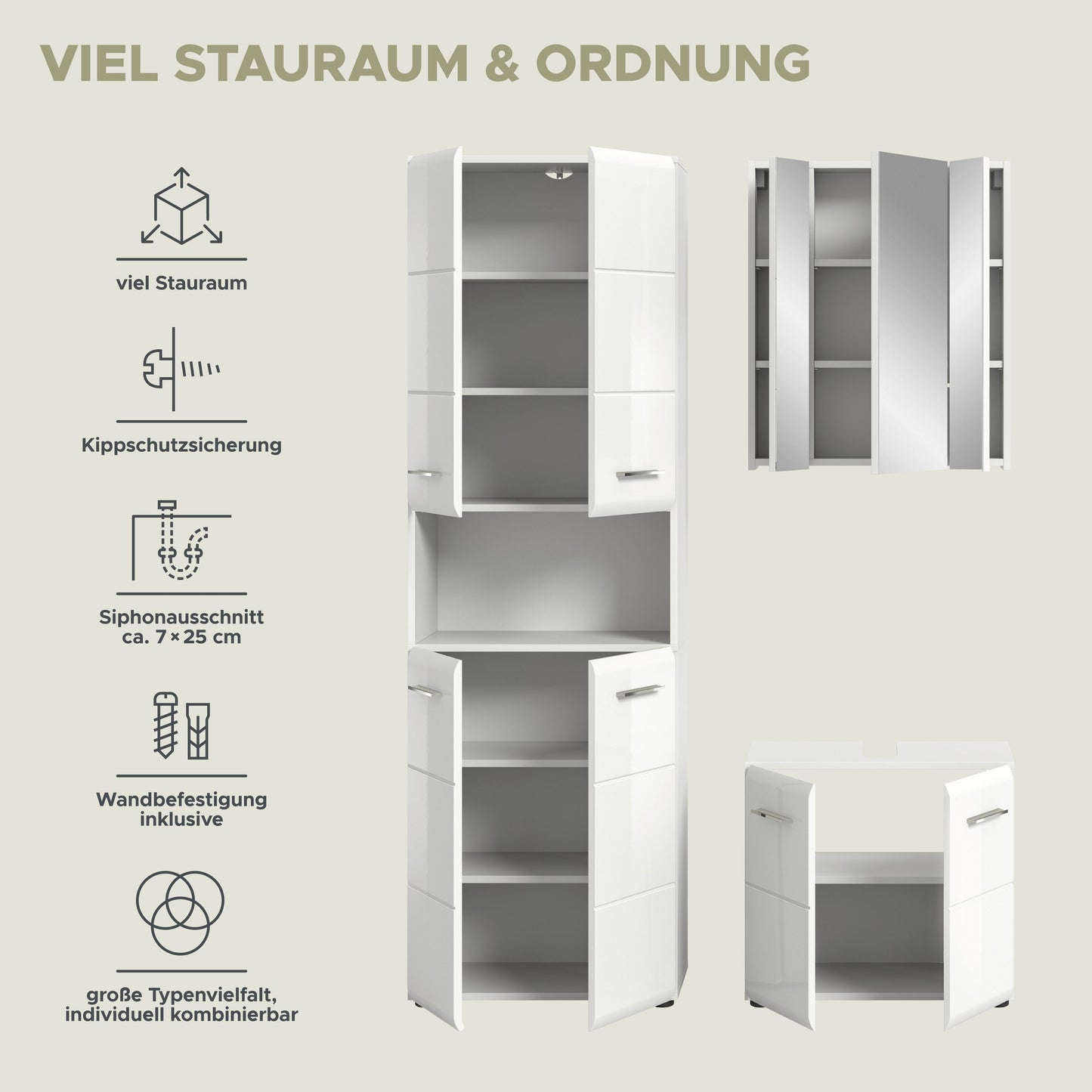 Weißes Badmöbel-Set: geöffneter Hochschrank und Unterschrank mit Schubladen