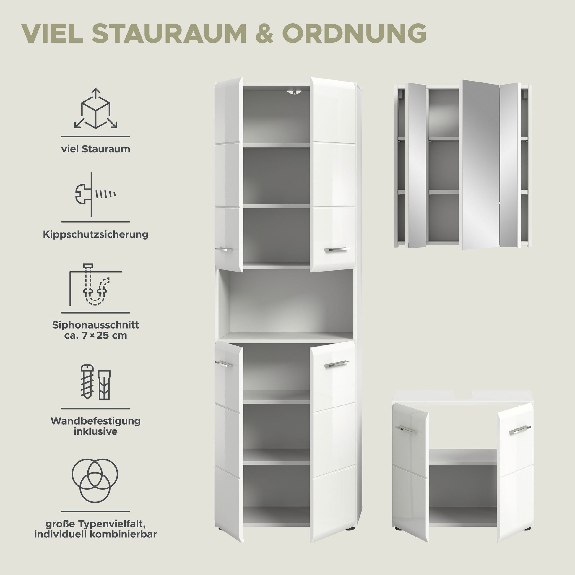 Weißes Badmöbel-Set: geöffneter Hochschrank und Unterschrank mit Schubladen