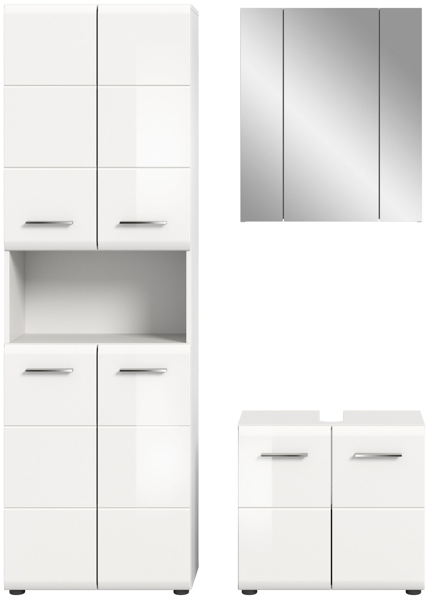 Weißes Badmöbel-Set mit Hochschrank und Unterschrank mit Griffen