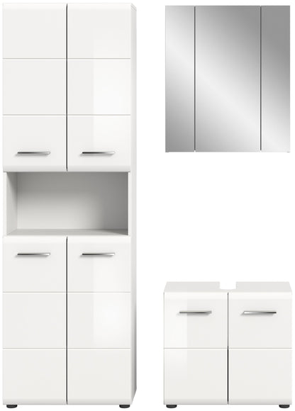 Weißes Badmöbel-Set mit Hochschrank und Unterschrank mit Griffen