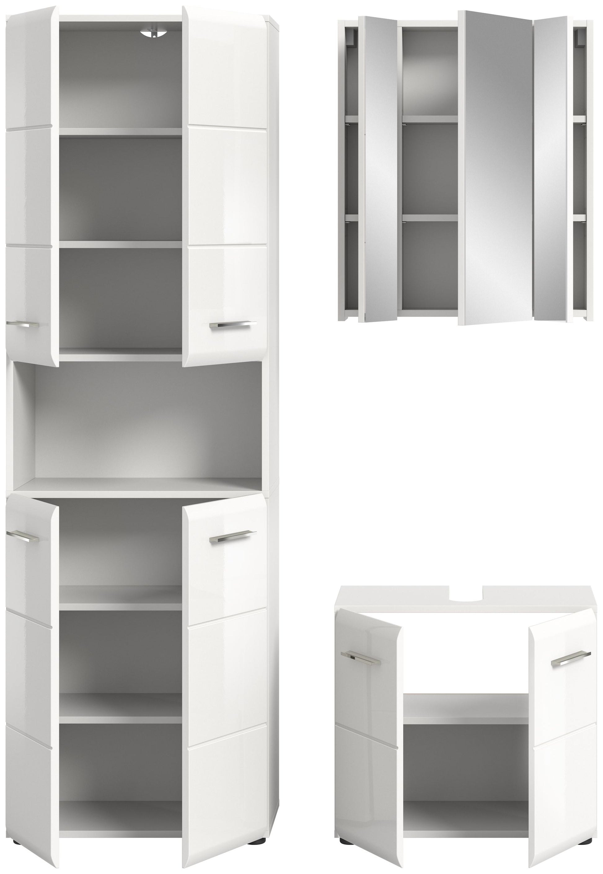 Weißes Badmöbel-Set: offener Hochschrank mit Einlegeböden und Seitenschrank