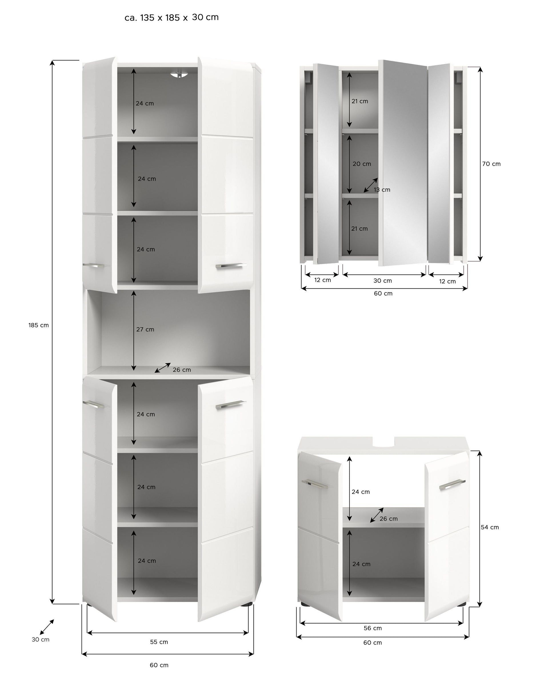 Weißes 3-tlg. Badmöbel-Set: hoher Schrank und Waschtischunterschrank
