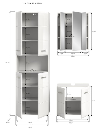 Weißes 3-tlg. Badmöbel-Set: hoher Schrank und Waschtischunterschrank