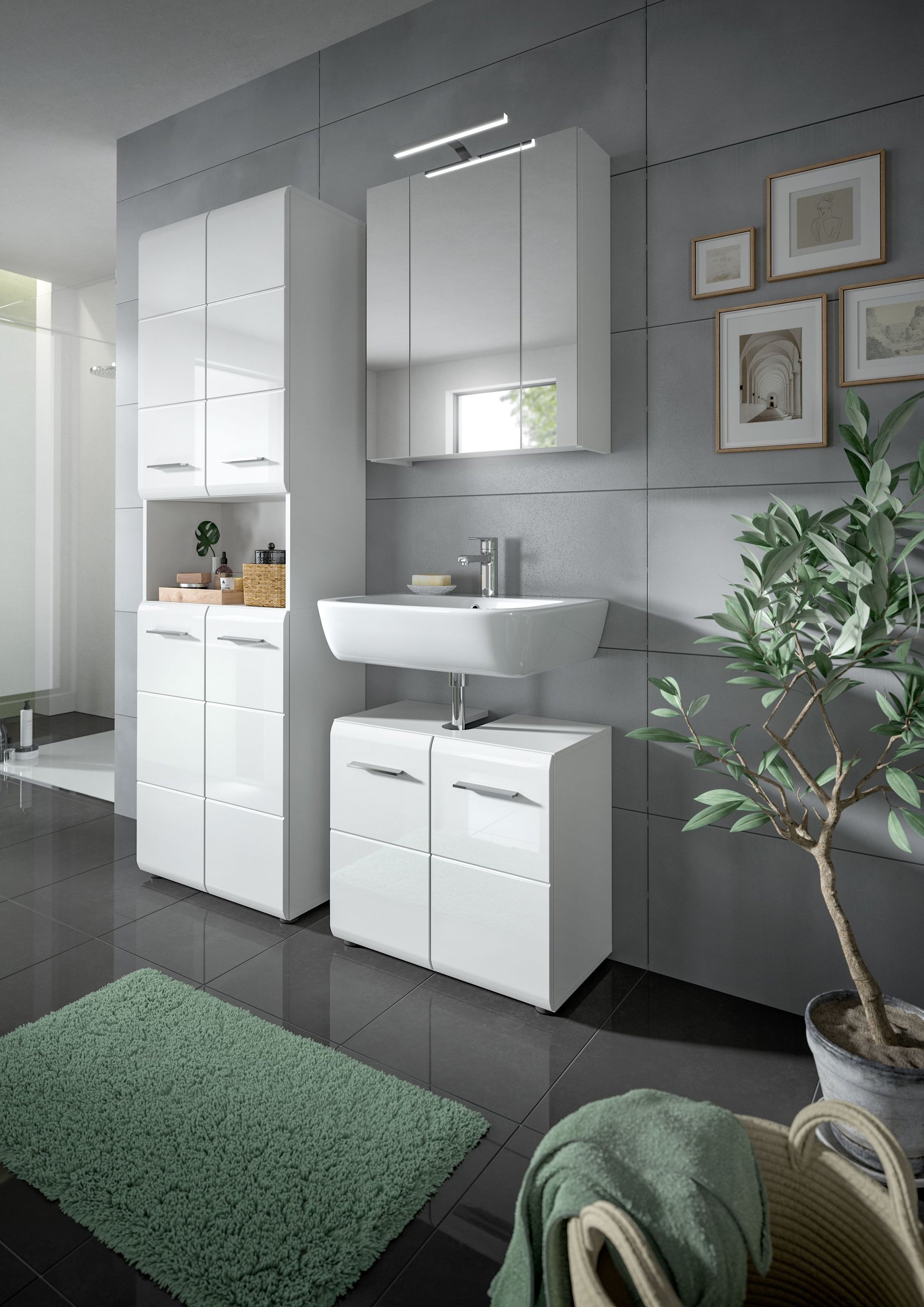 Badmöbel-Set in Weiß mit Spiegelschrank, Waschbecken-Unterschrank und Seitenschrank