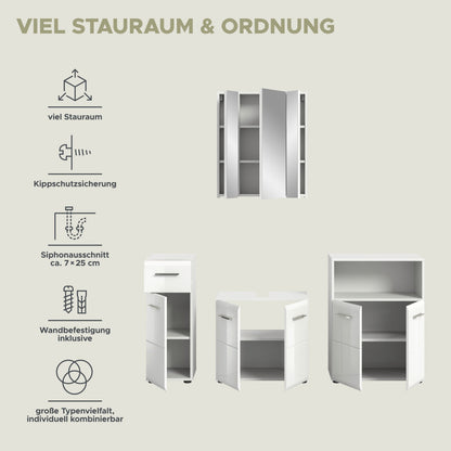 Badmöbel-Set in Ansicht: Spiegelschrank, Hochschrank und Waschbeckenschrank
