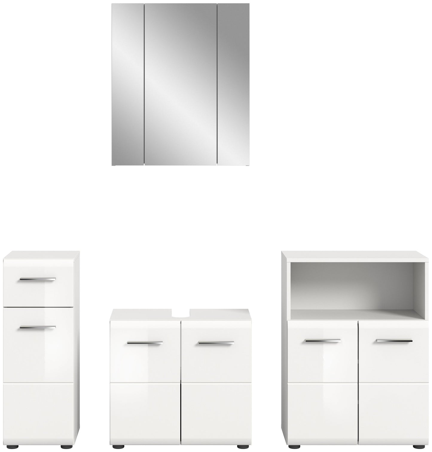Badezimmerset mit Spiegelschrank, Waschbeckenschrank und Hochschrank, weißes Finish