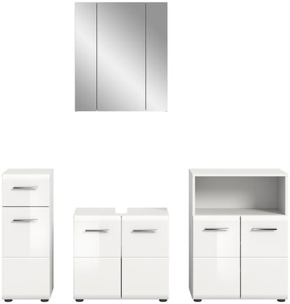 Badezimmerset mit Spiegelschrank, Waschbeckenschrank und Hochschrank, weißes Finish