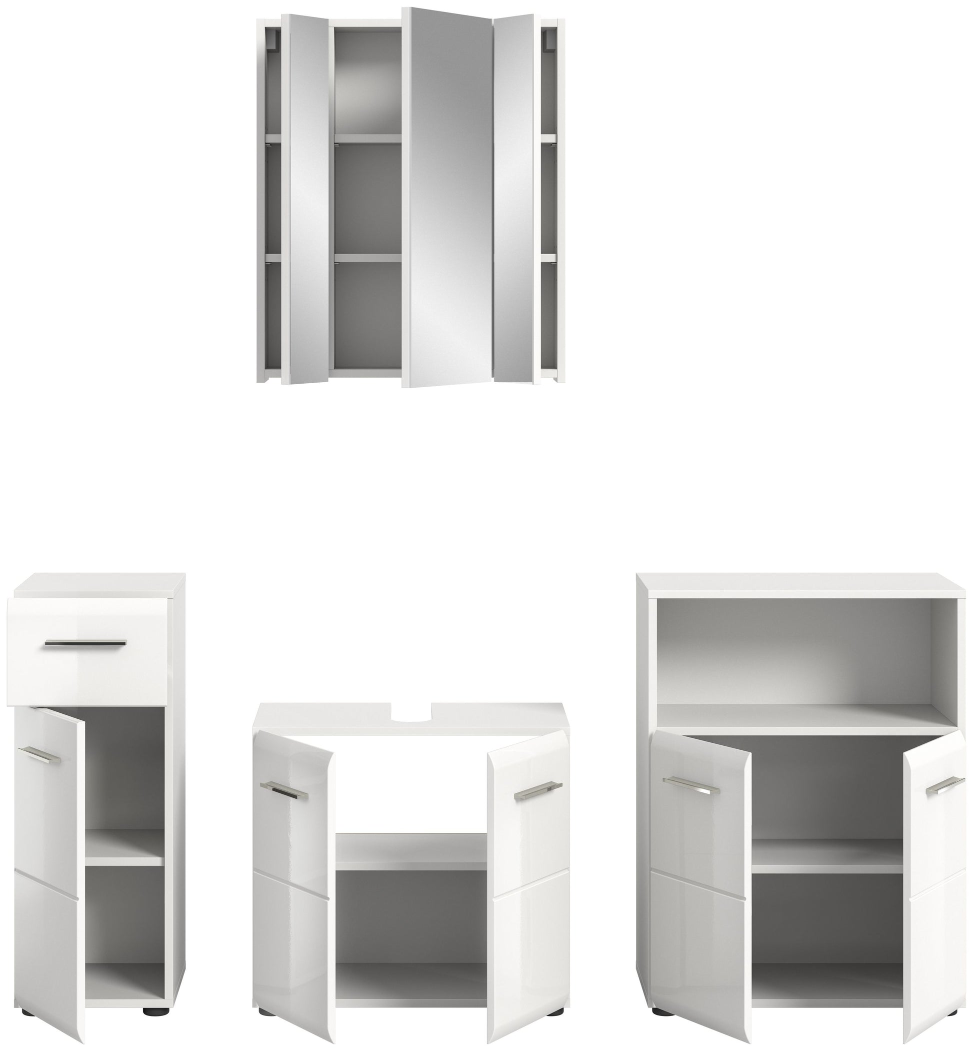 Badmöbel-Set mit offenen Türen: Hochschrank, Waschtischunterschrank und Sideboard