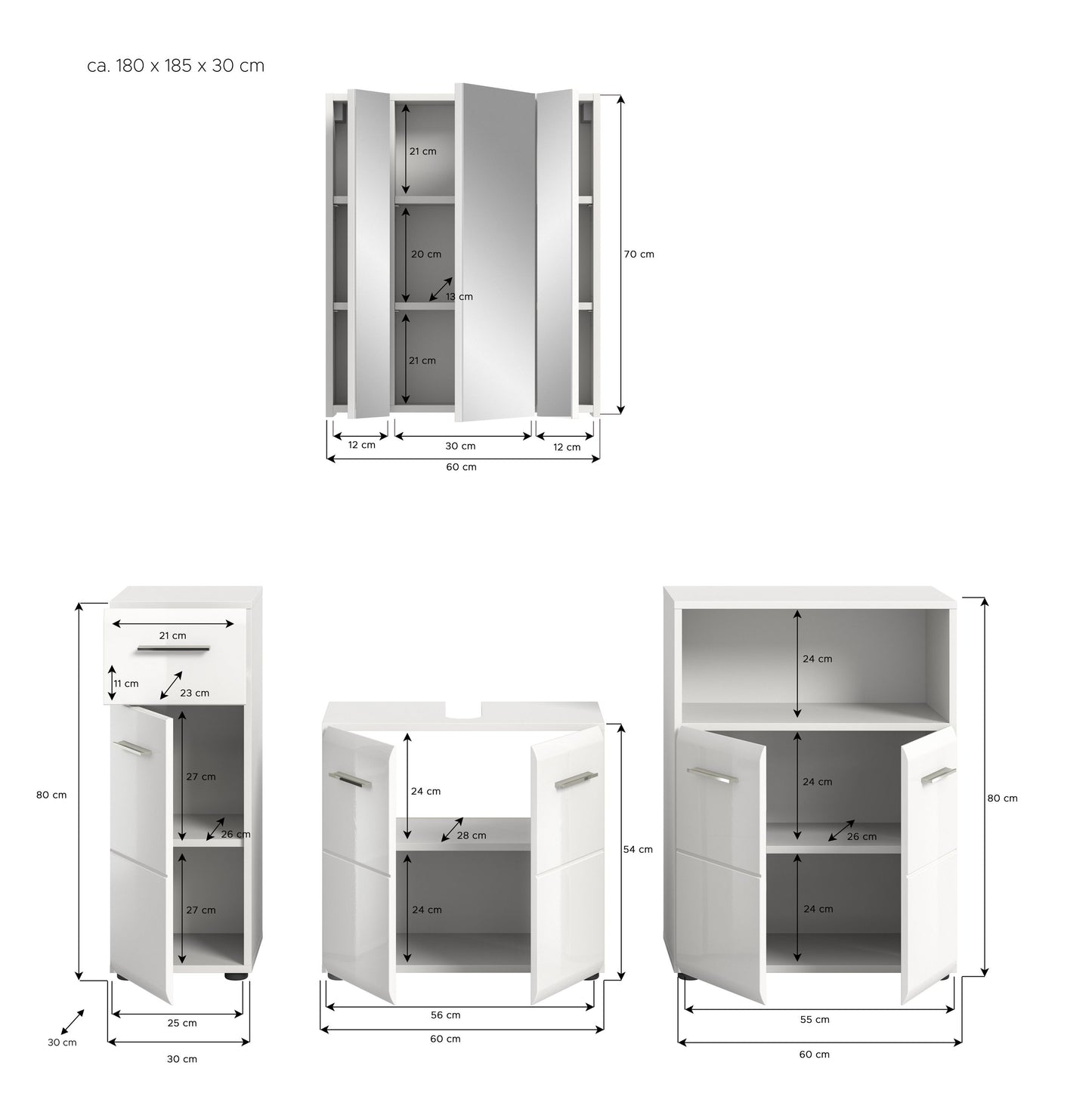 Badmöbel-Set im Maßbild: Hochschrank, Spiegelschrank und Waschtisch-Unterschrank