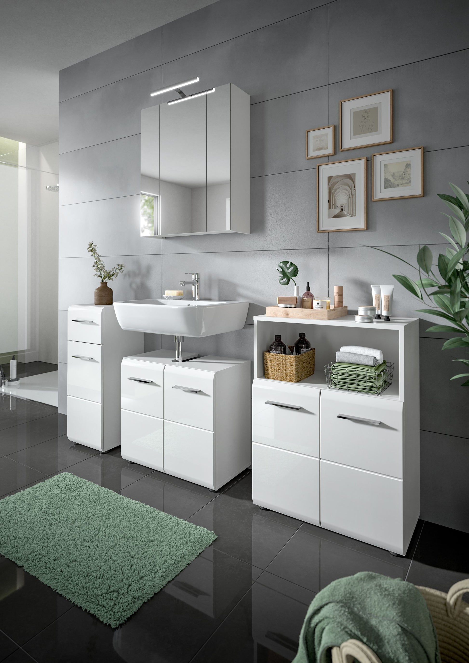 Weißes Badmöbel-Set mit Waschbeckenunterschrank, Spiegelschrank und Seitenmöbeln