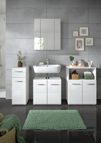Weißes Badezimmer-Set mit Waschbeckenunterschrank, zwei Schränken und Spiegelschrank