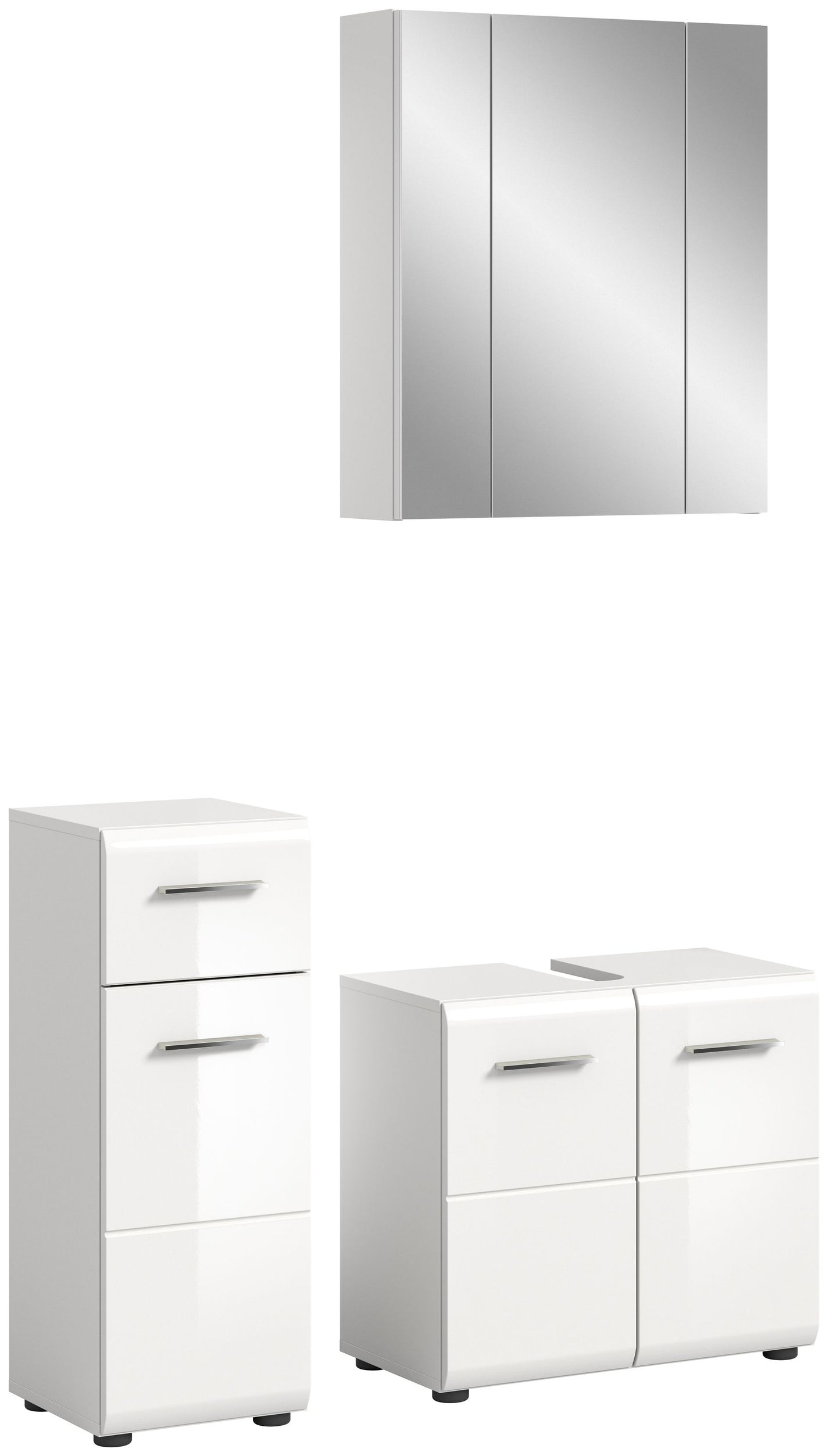 Badmöbel-Set mit dreitürigem Spiegelschrank in Weiß, klare Vertikallinien, Griffmulden