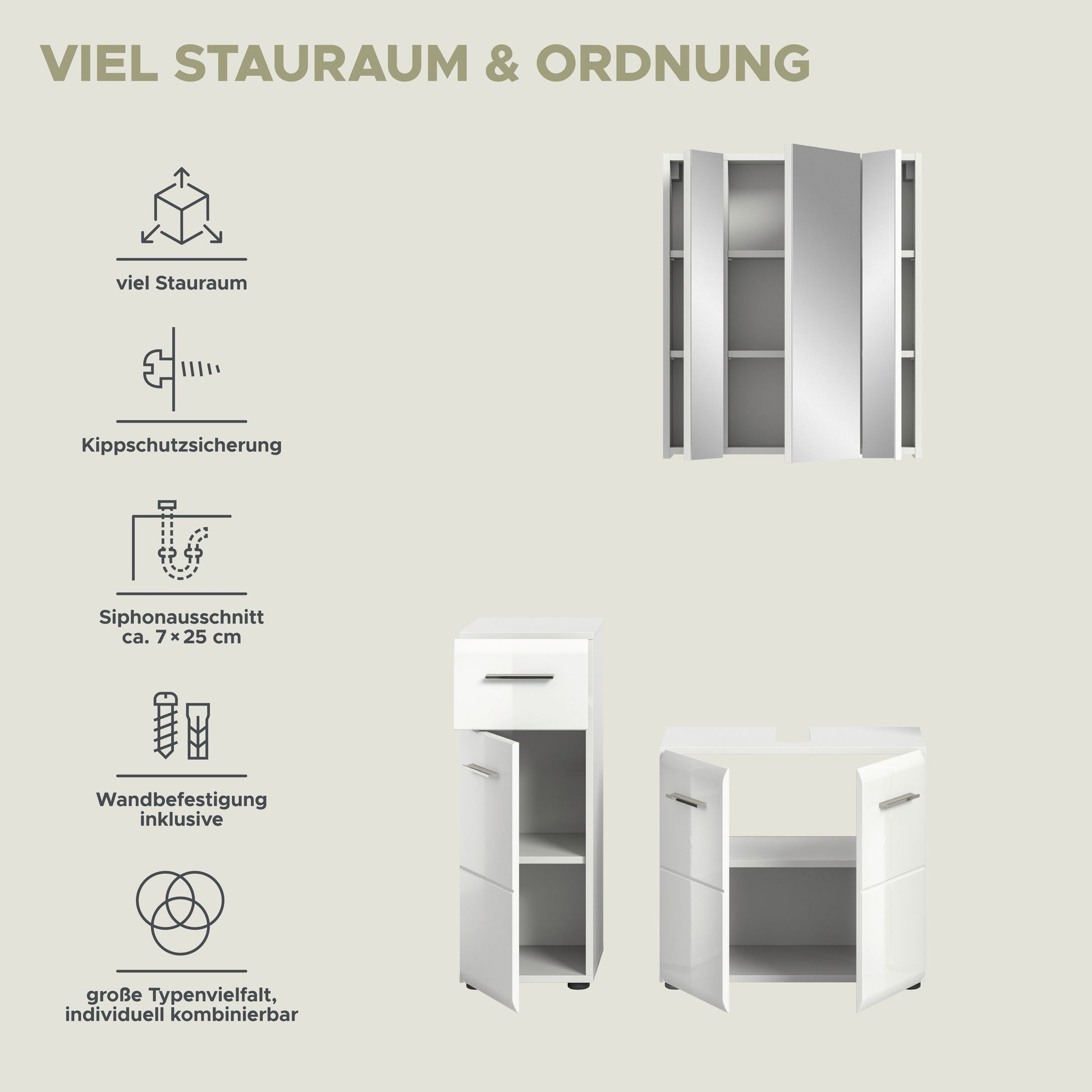 Badmöbel-Set mit Montageübersicht: Spiegelschrank und Waschtischunterschrank, weiß