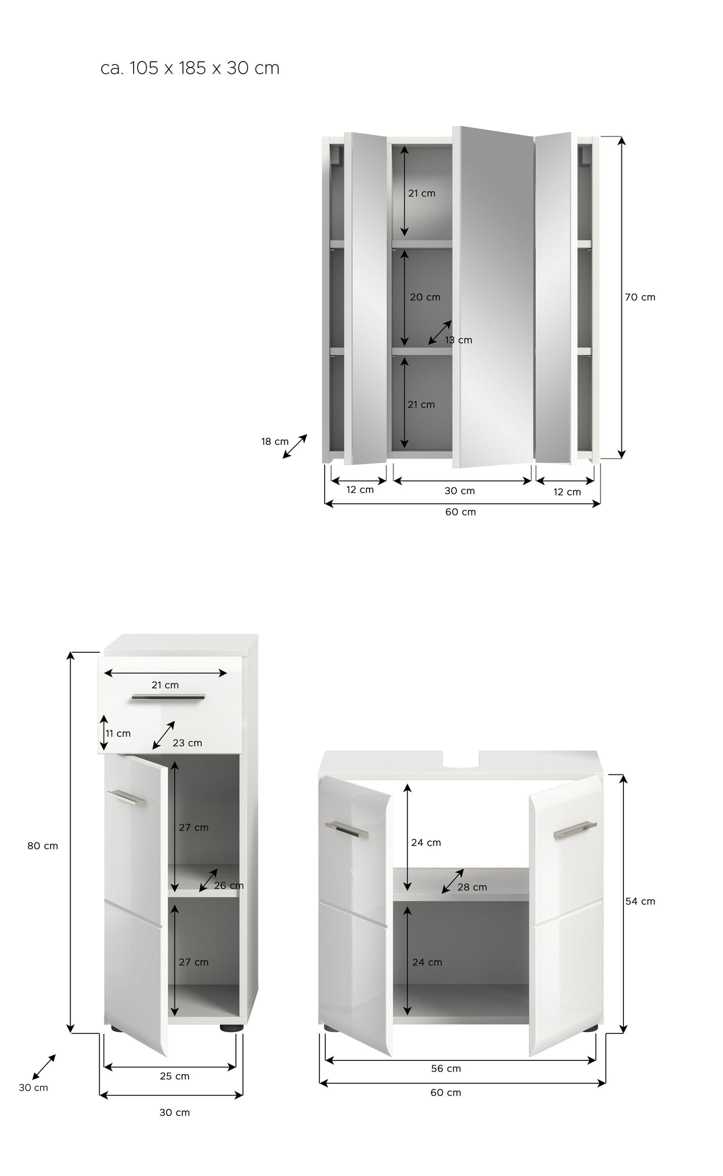 Badmöbel-Set Maßskizze: Spiegelschrank, Waschtischunterschrank und Seitenschrank in Weiß