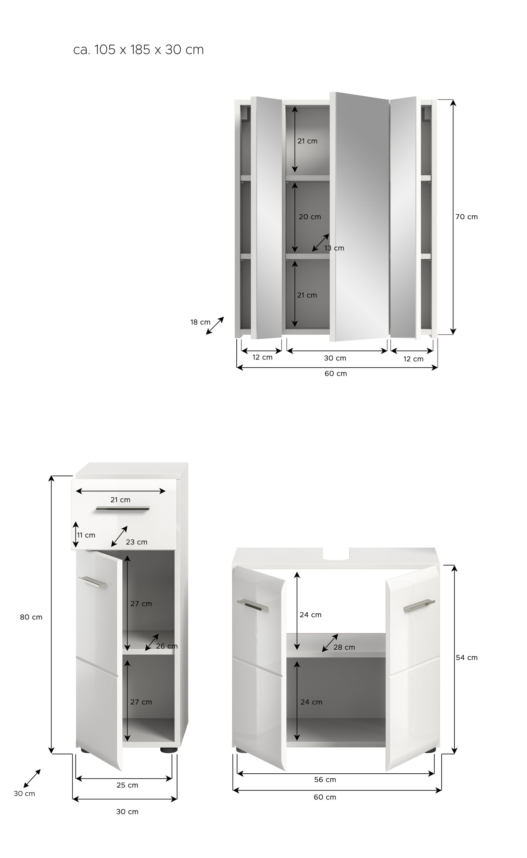 Badmöbel-Set Maßskizze: Spiegelschrank, Waschtischunterschrank und Seitenschrank in Weiß