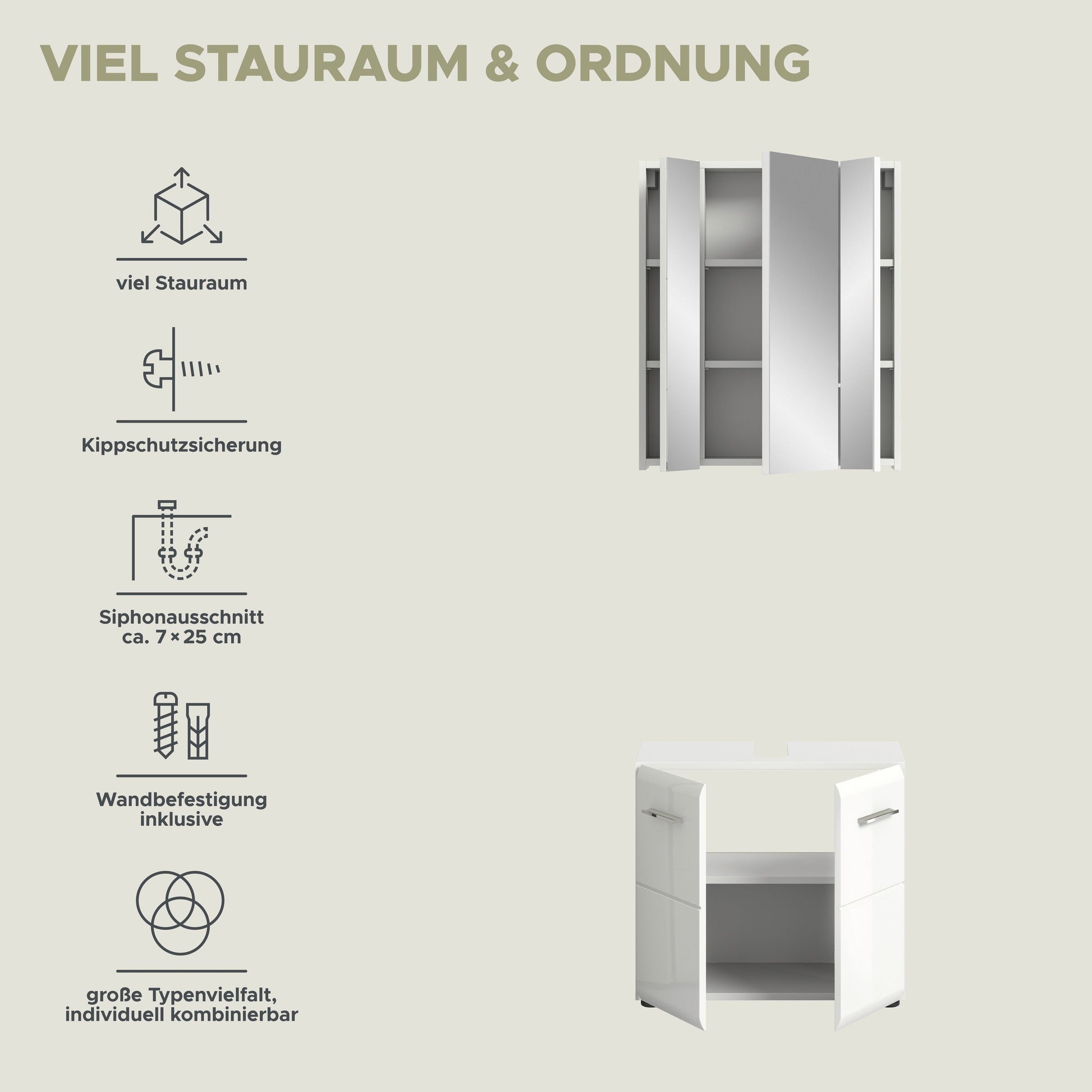 Badmöbelset mit Hochschrank: Wandbefestigung und Kippsicherung, Ansicht im Maßbild