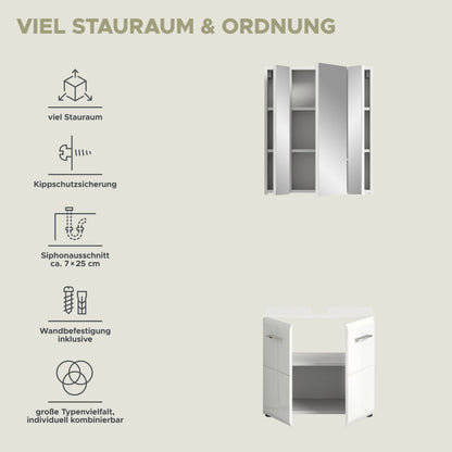 Badmöbelset mit Hochschrank: Wandbefestigung und Kippsicherung, Ansicht im Maßbild