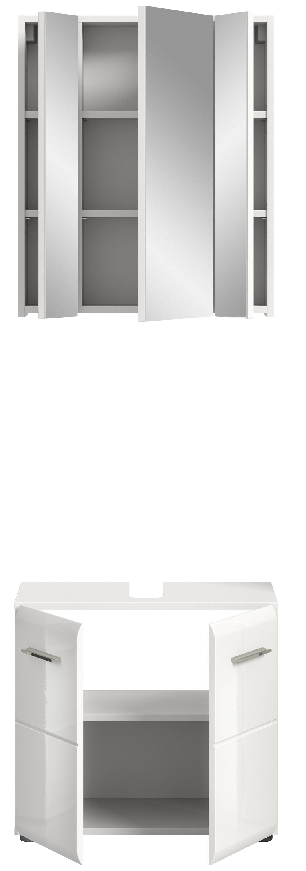 Hochschrank in Weiß mit offenen Türen, Innenraum mit Fachboden