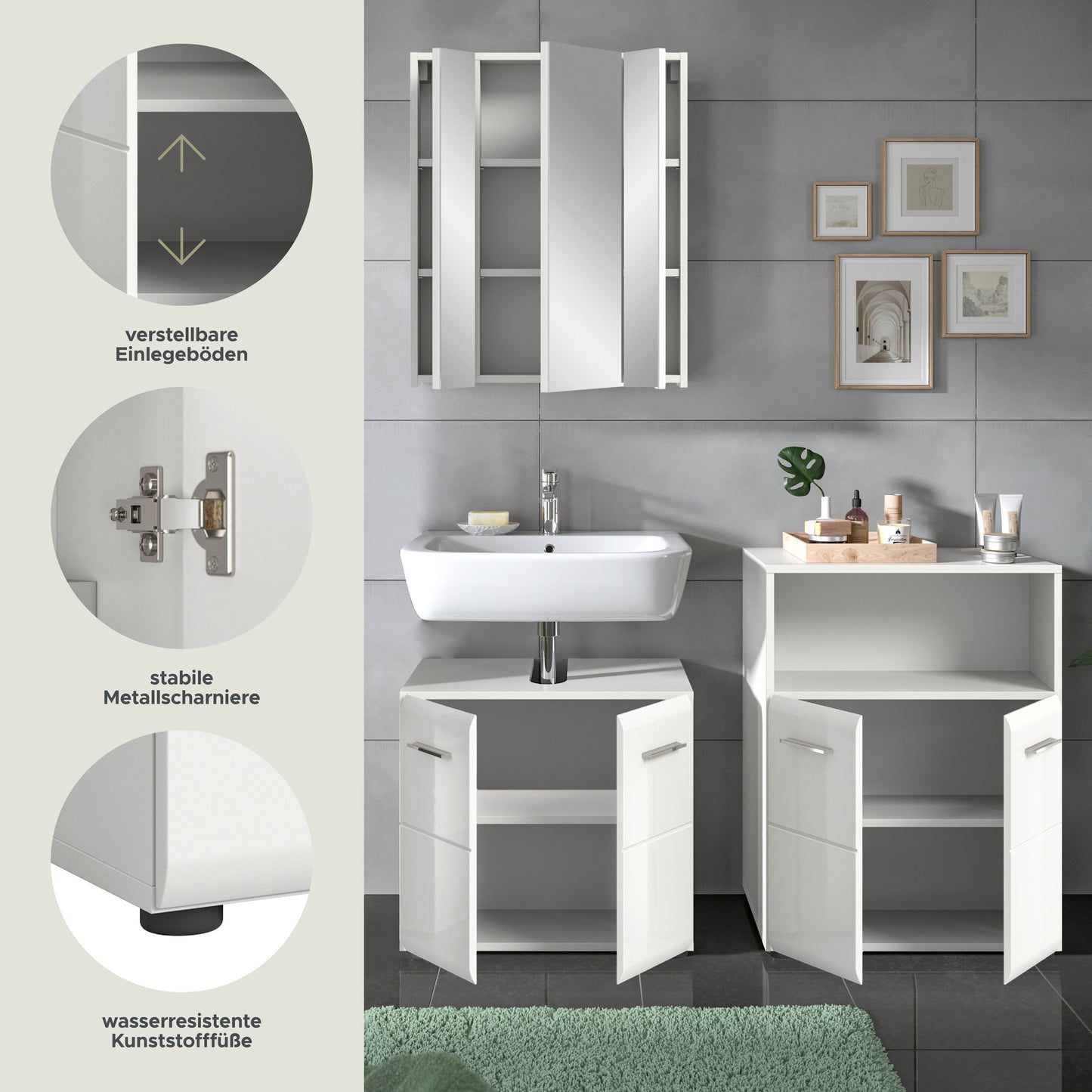 Badezimmermöbel-Set mit Spiegelschrank und geöffneten Fächern, weiß