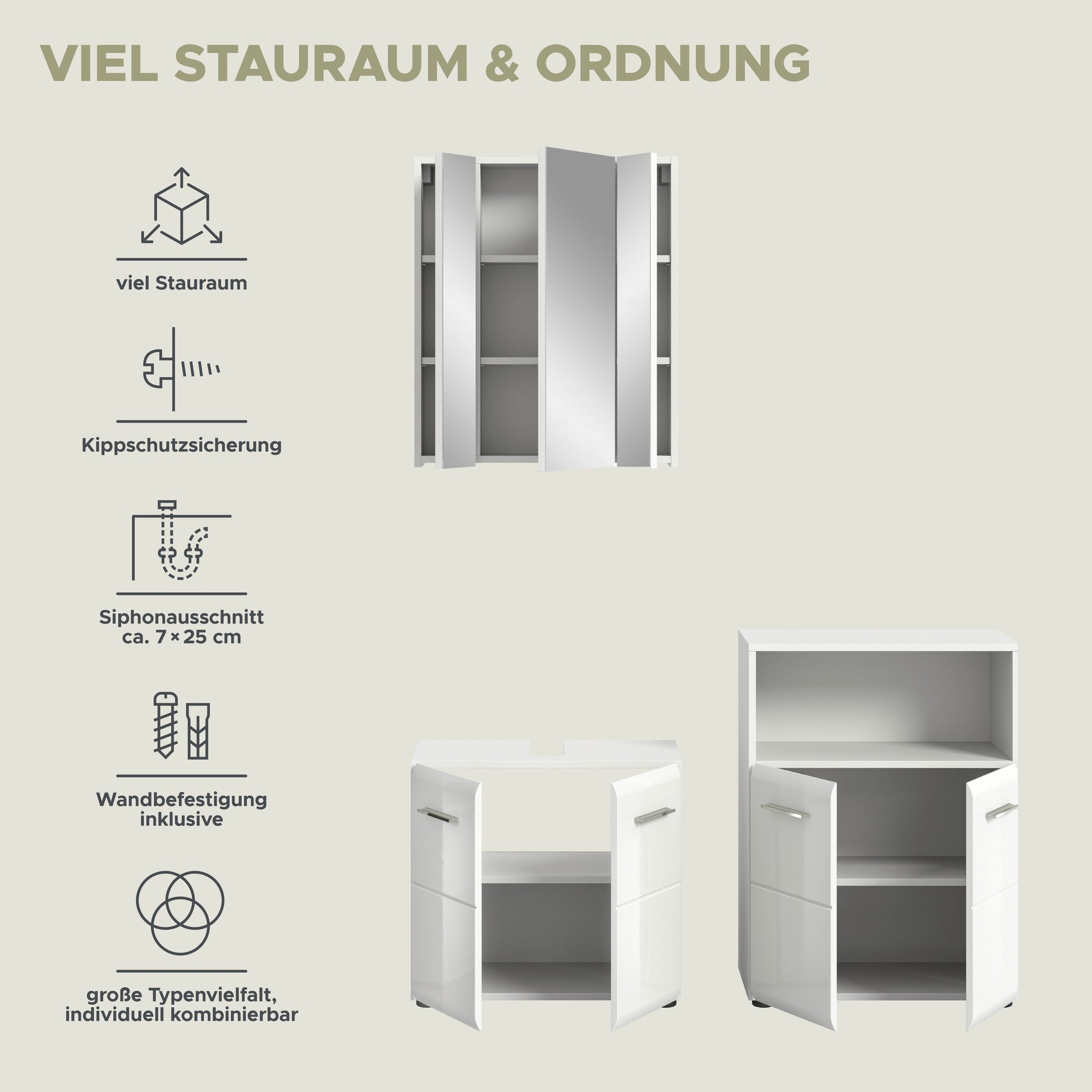Badezimmer-Set mit Spiegelschrank, Schrankzeichnungen für Wandmontage, weiß