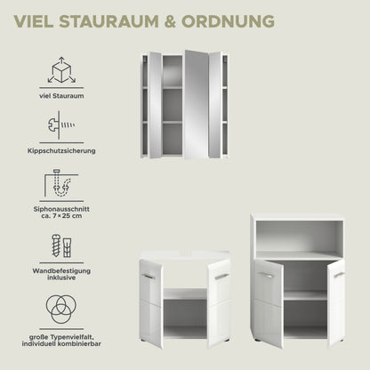 Badezimmer-Set mit Spiegelschrank, Schrankzeichnungen für Wandmontage, weiß