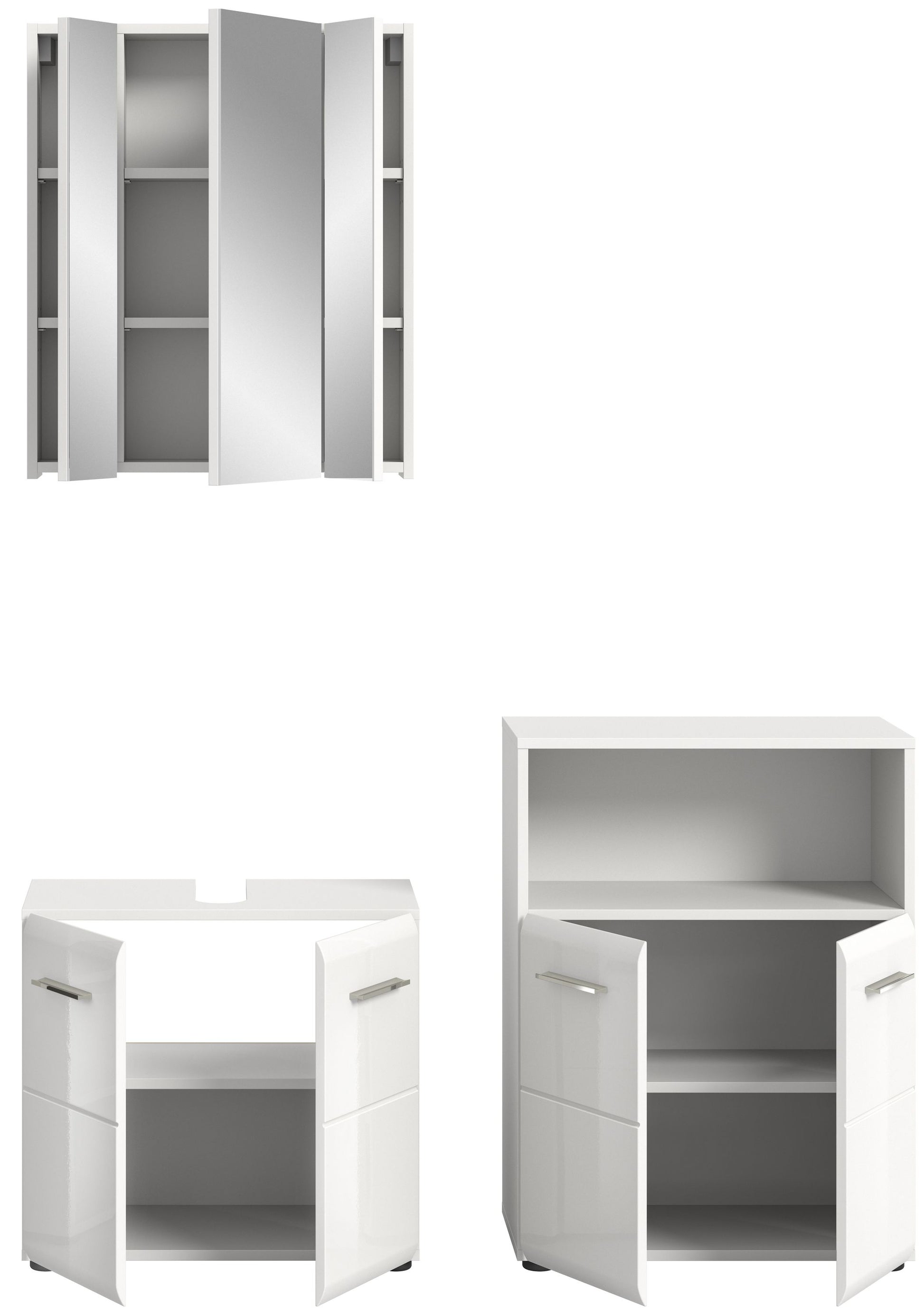 Waschtischunterschrank mit geöffneten Türen und Einlegefach, weiß