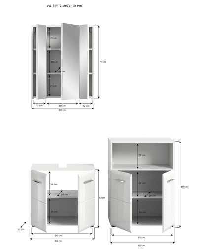 Badezimmerschrank mit offenen Türen und Maßen, weiß