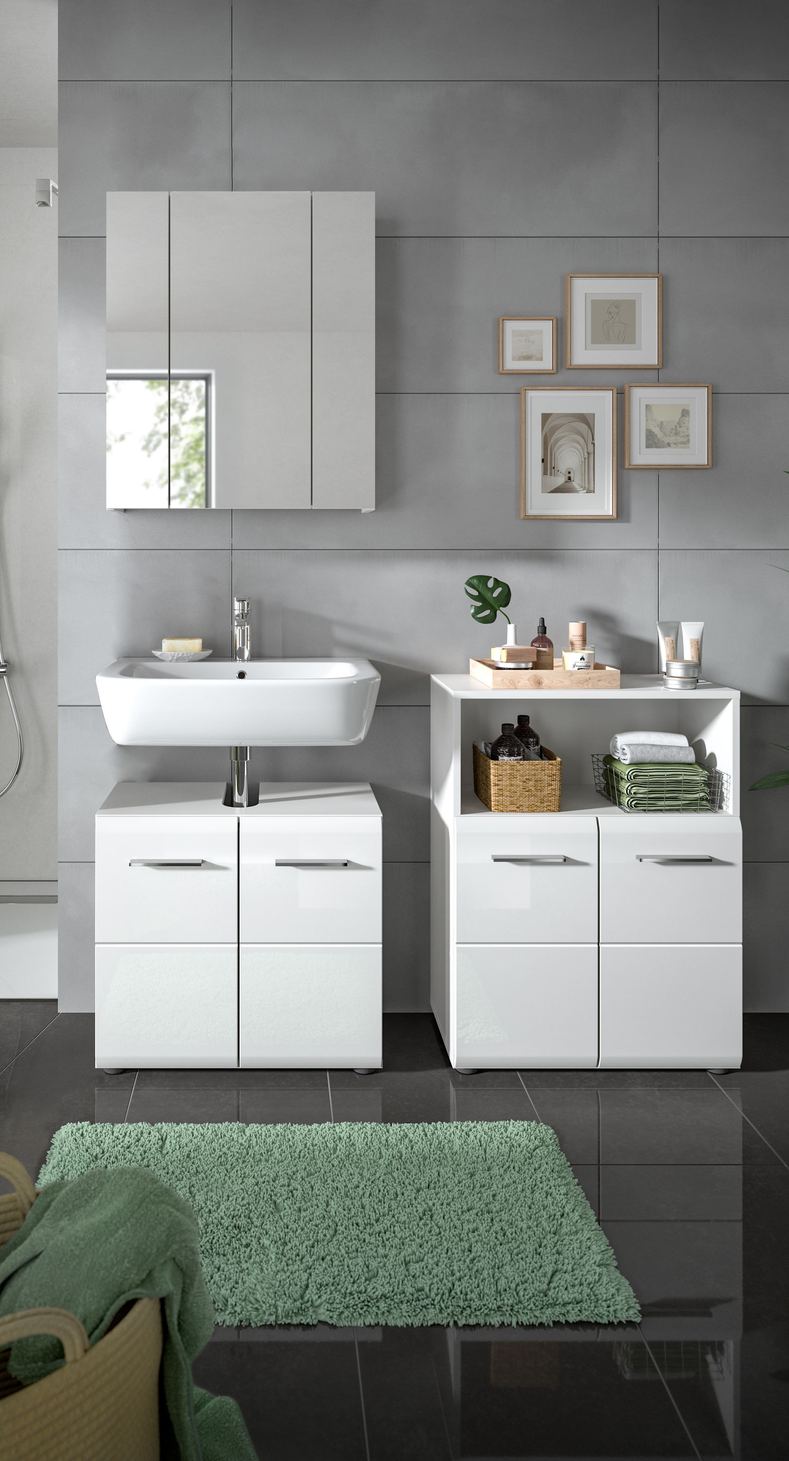 3-tlg. Badezimmermöbel-Set mit zwei Waschtischunterschränken und Spiegelschrank, weiß