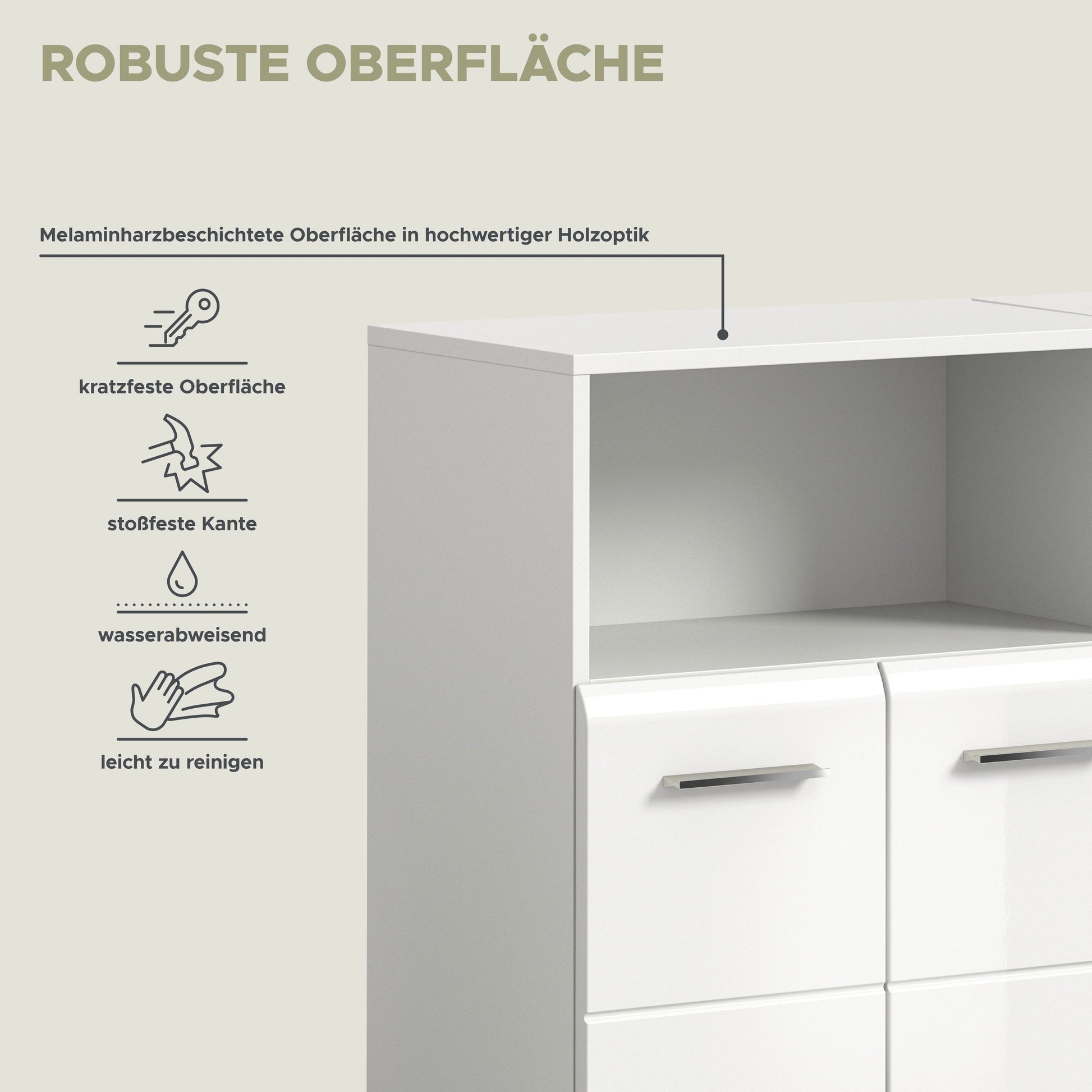 Badmöbelset mit offenem Fach und Schubkästen, hellgraue Front, Melaminoberfläche