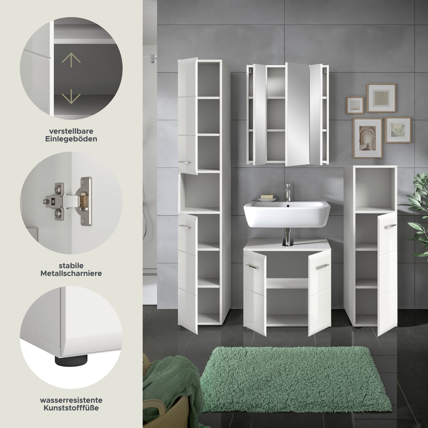 Badmöbel-Set mit Hochschränken, Waschtisch und Spiegelschrank; Ansicht mit Ergänzungen