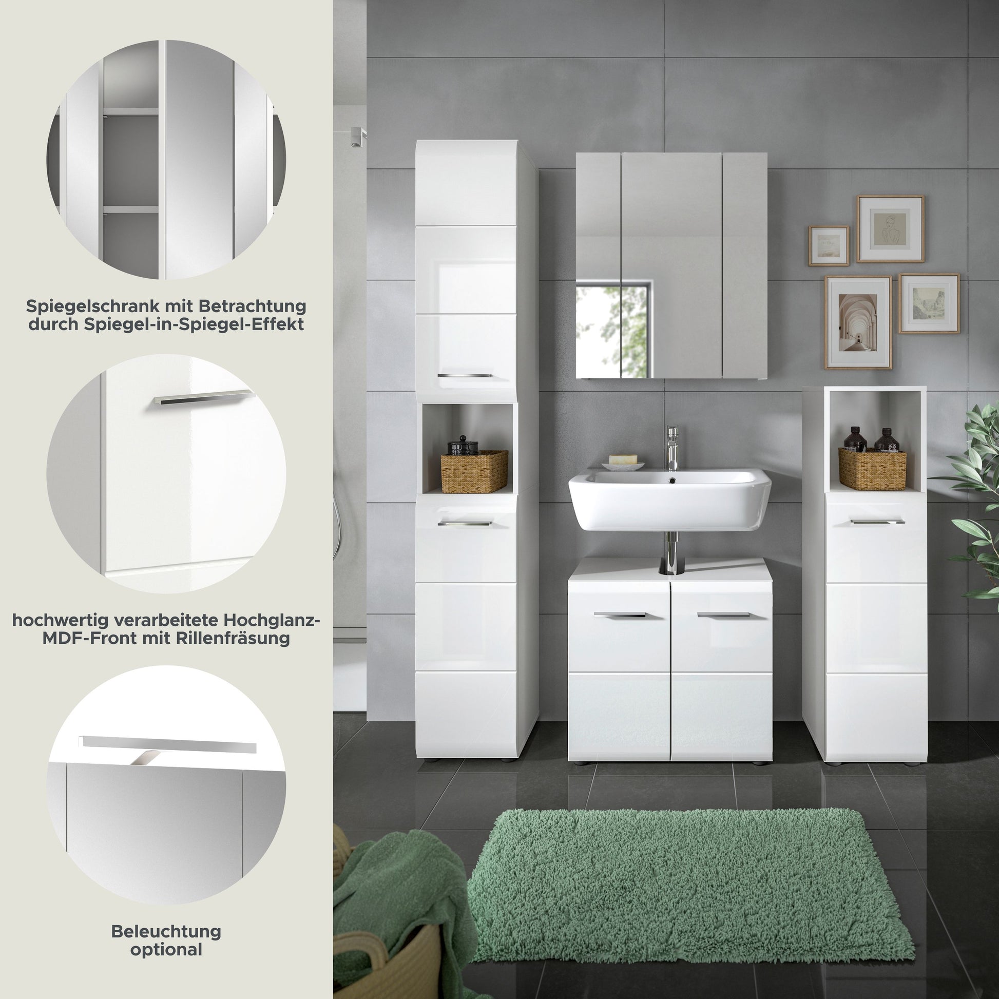 Badmöbel-Set mit Hochschrank und Spiegelschrank über Waschtisch, Infografik zur optionalen Beleuchtung
