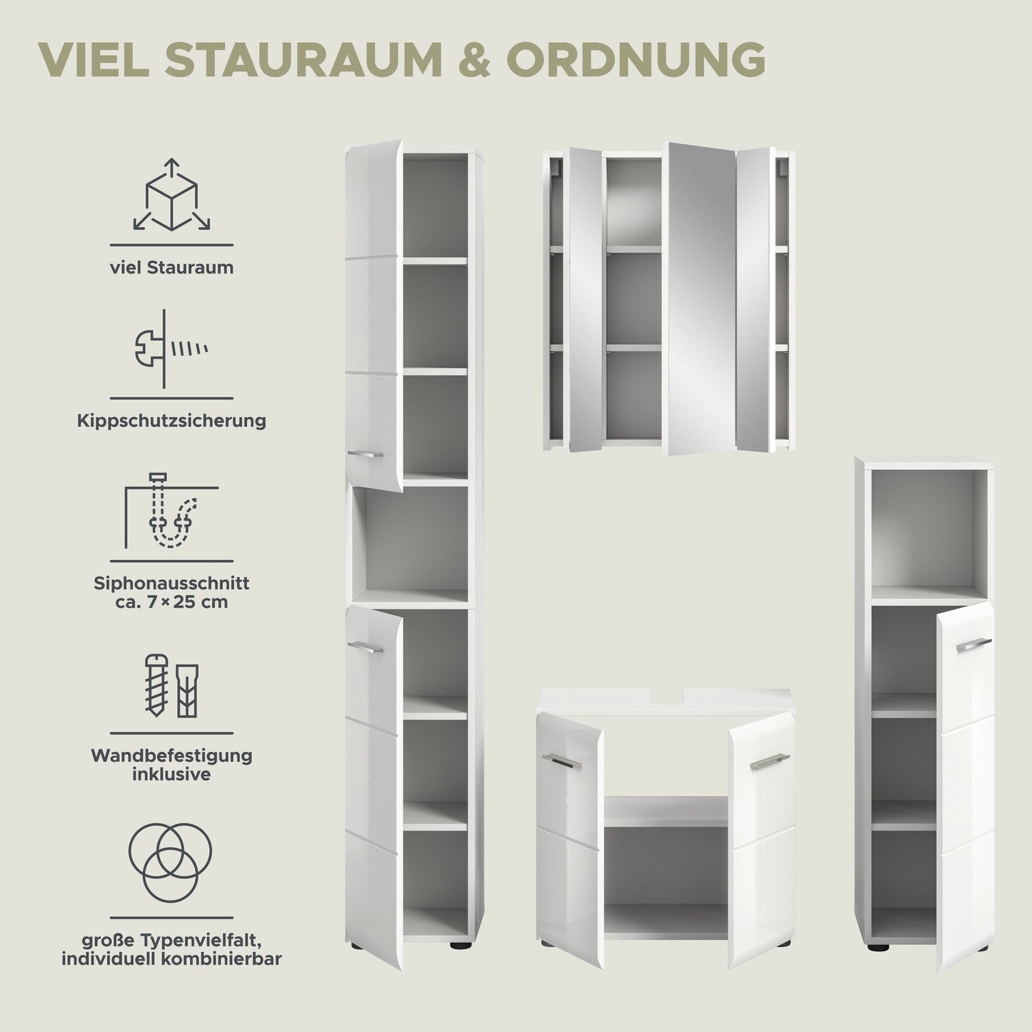 Badmöbel-Set mit Hochschränken und Waschtischunterschrank, Infografik zu Stauraum & Ordnung
