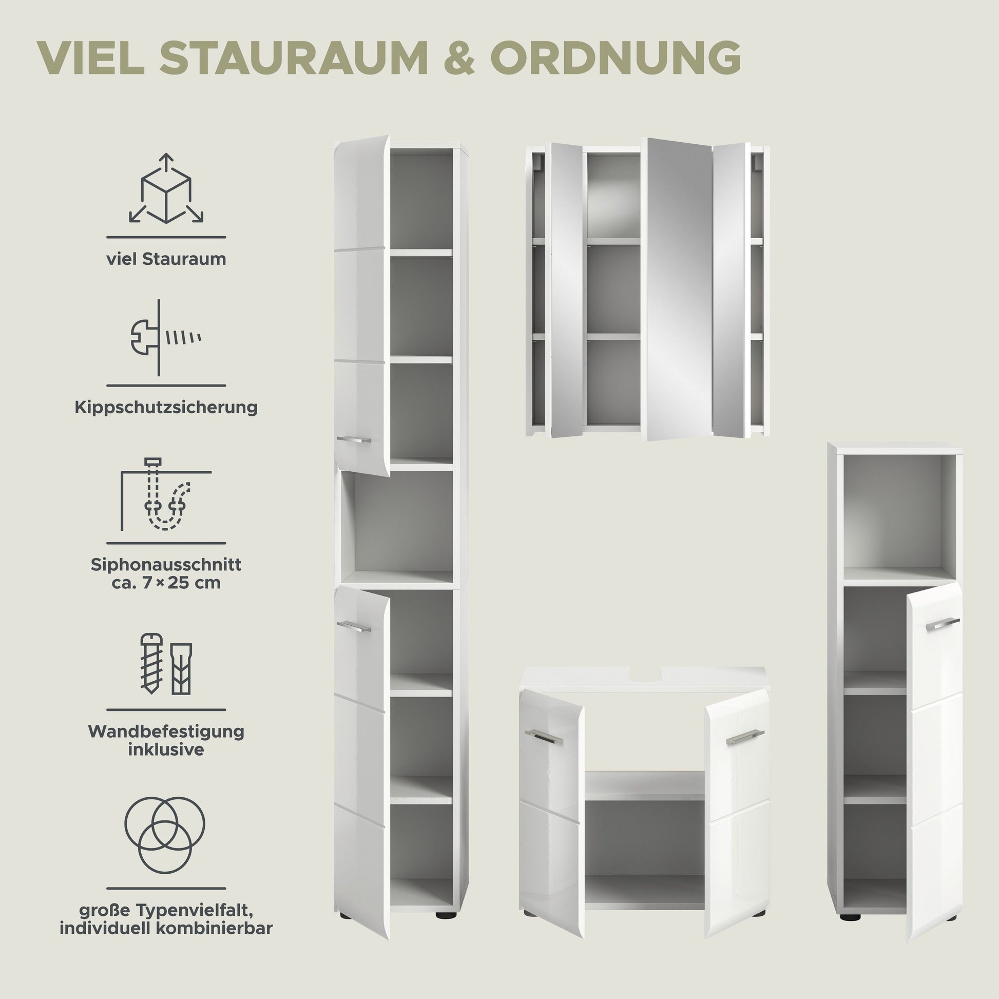 Badmöbel-Set mit Hochschränken und Waschtischunterschrank, Infografik zu Stauraum & Ordnung