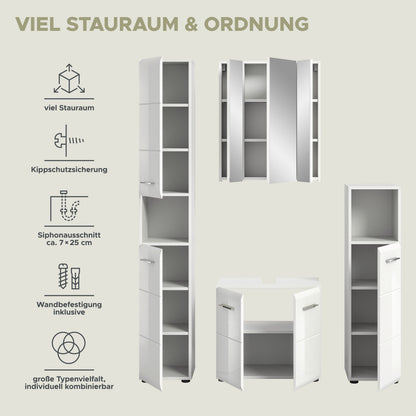 Badmöbel-Set mit Hochschränken und Waschtischunterschrank, Infografik zu Stauraum & Ordnung
