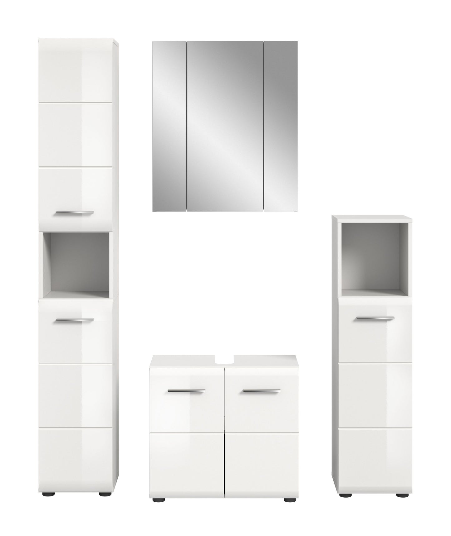 Badmöbel-Set mit weißen Hochschränken, Waschtischunterschrank und Spiegelschrank mit Klappflügeln