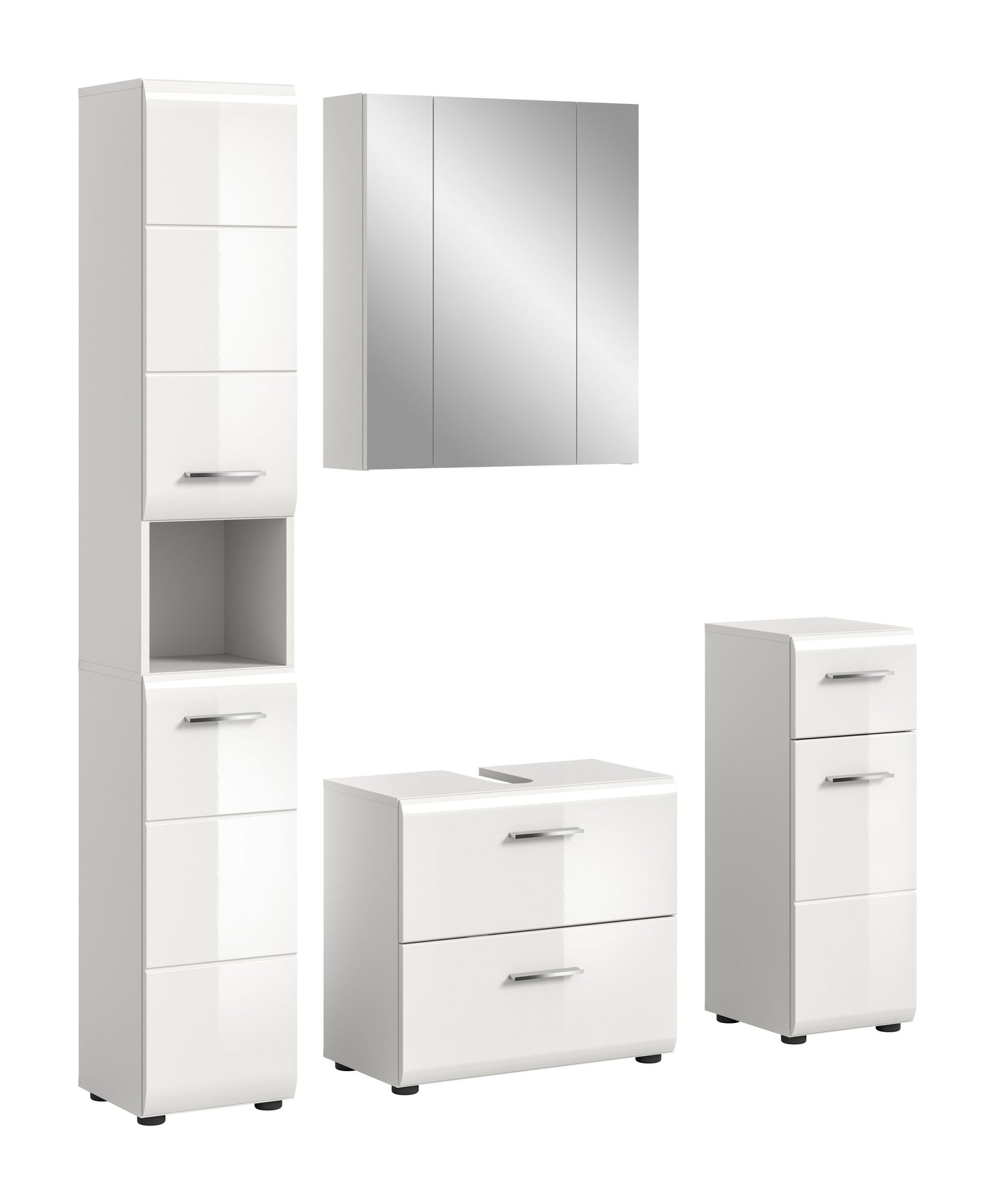 Badezimmermöbel-Set mit weißem Waschbeckenunterschrank, Hochschrank und Spiegelschrank