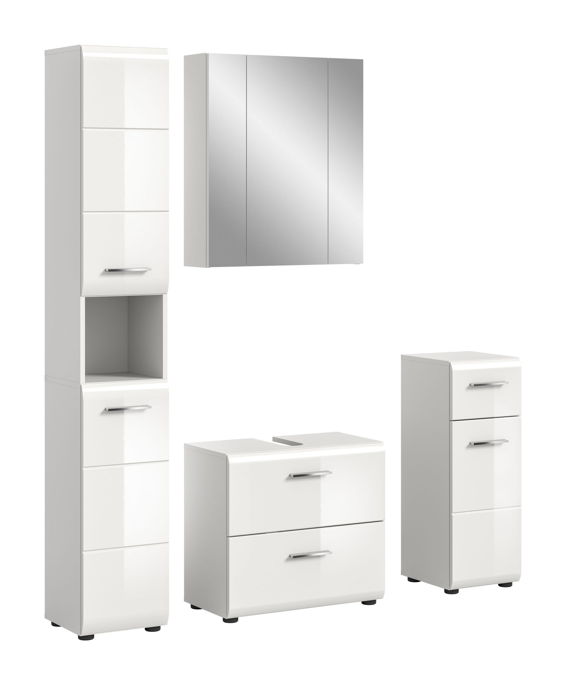 Badezimmermöbel-Set mit weißem Waschbeckenunterschrank, Hochschrank und Spiegelschrank