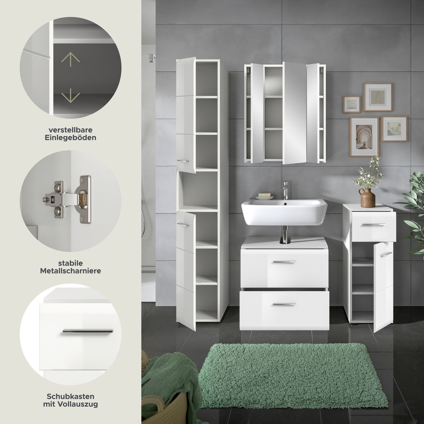 Badezimmermöbel-Set mit Hochschrank, Spiegelschrank und Schubladen mit Vorzug