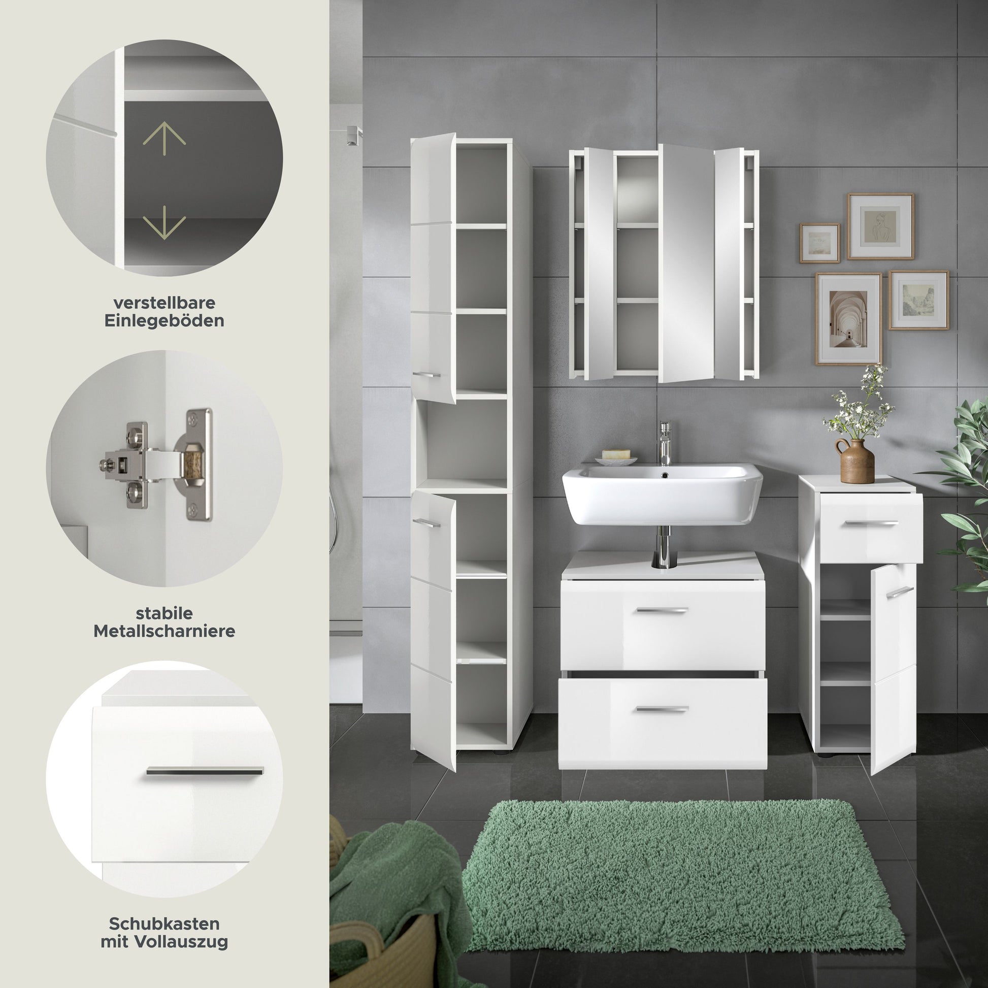 Badezimmermöbel-Set mit Hochschrank, Spiegelschrank und Schubladen mit Vorzug