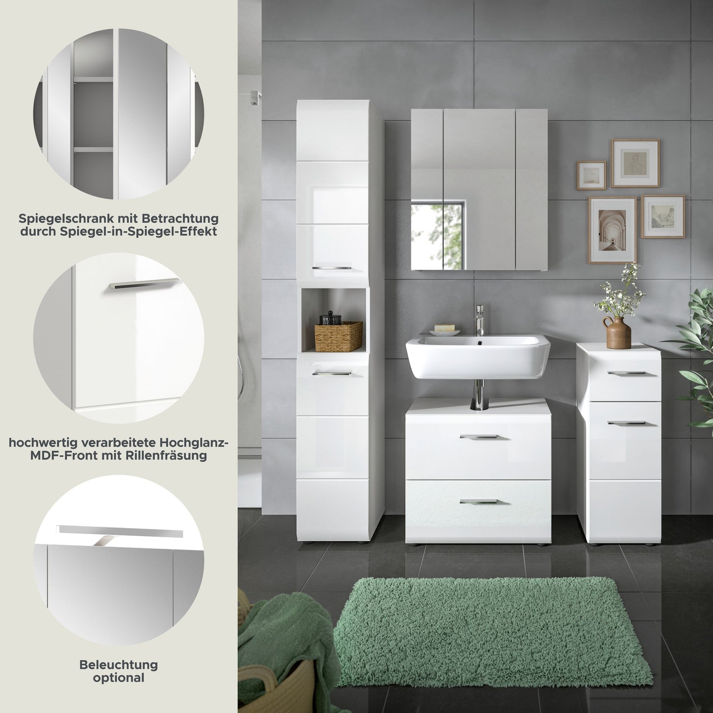 Badezimmermöbel-Set mit Spiegelschrank, Hochschrank und Waschtischkommode in Weiß
