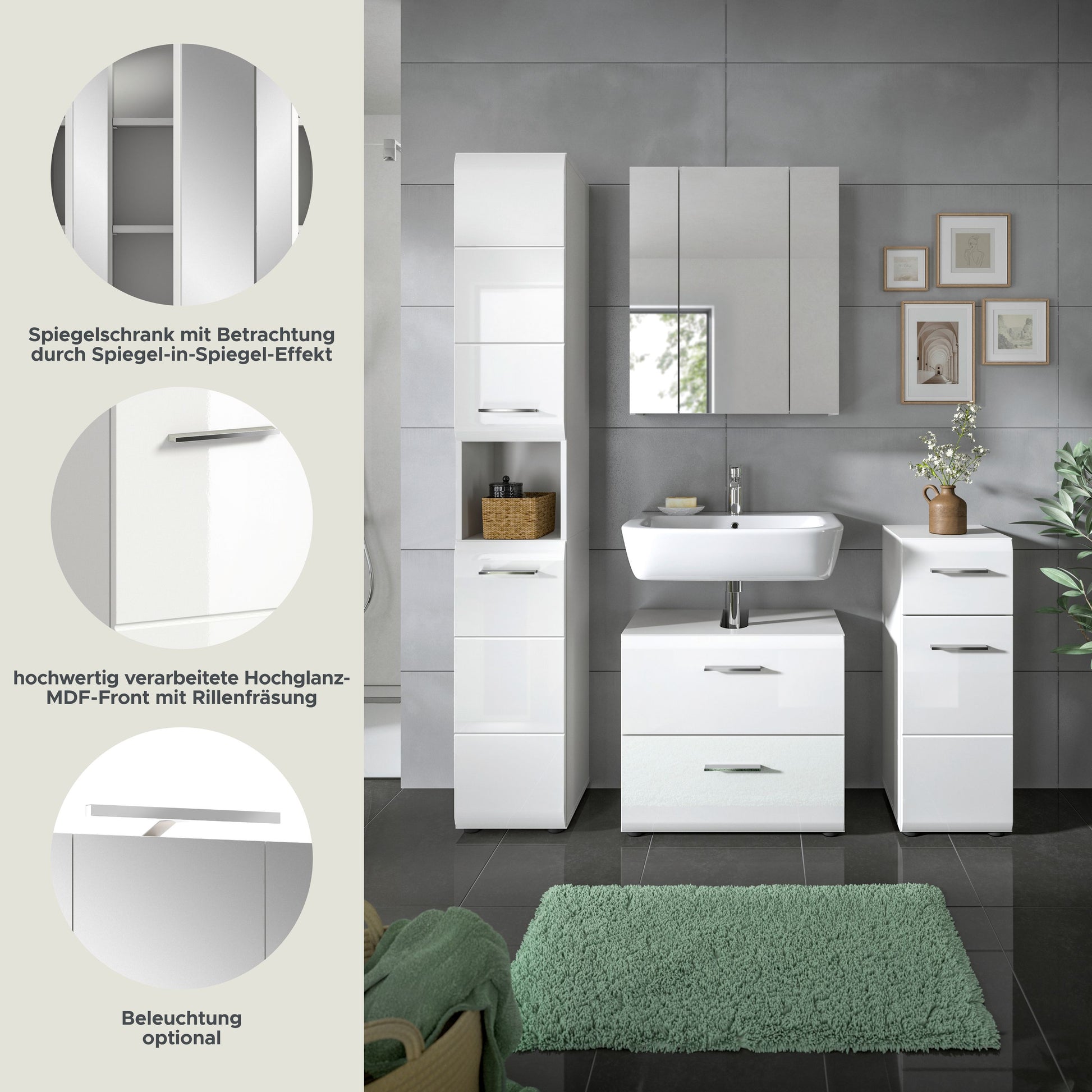 Badezimmermöbel-Set mit Spiegelschrank, Hochschrank und Waschtischkommode in Weiß