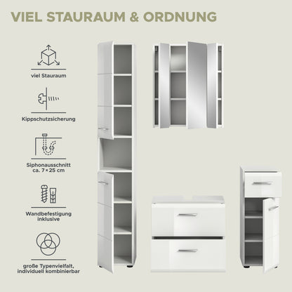 Badezimmermöbel-Set mit Hochschrank, Spiegelschrank und Waschkommode in Weiß