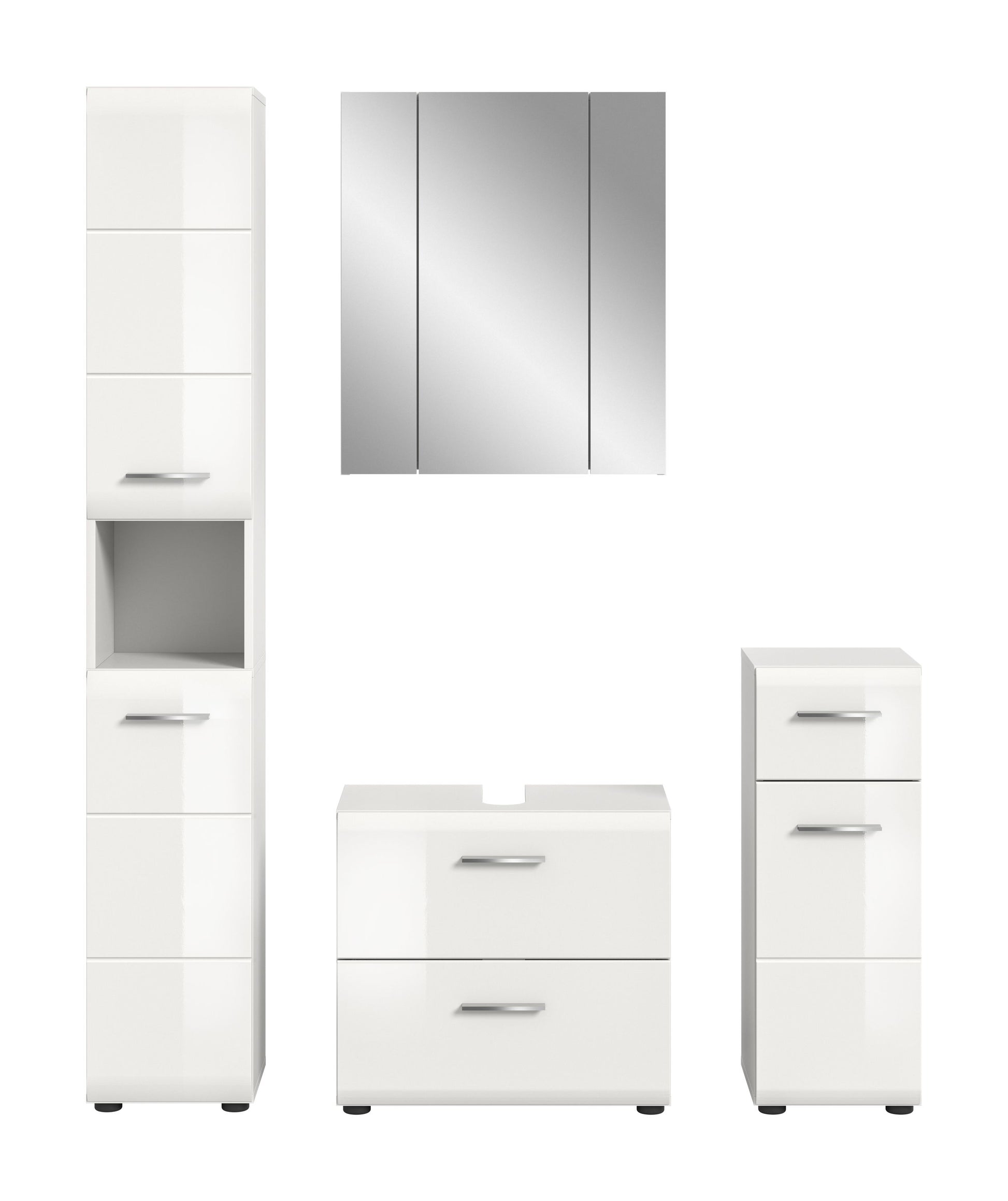 Badezimmermöbel-Set in Weiß mit Waschkommode, Seitenschrank und Spiegelfront