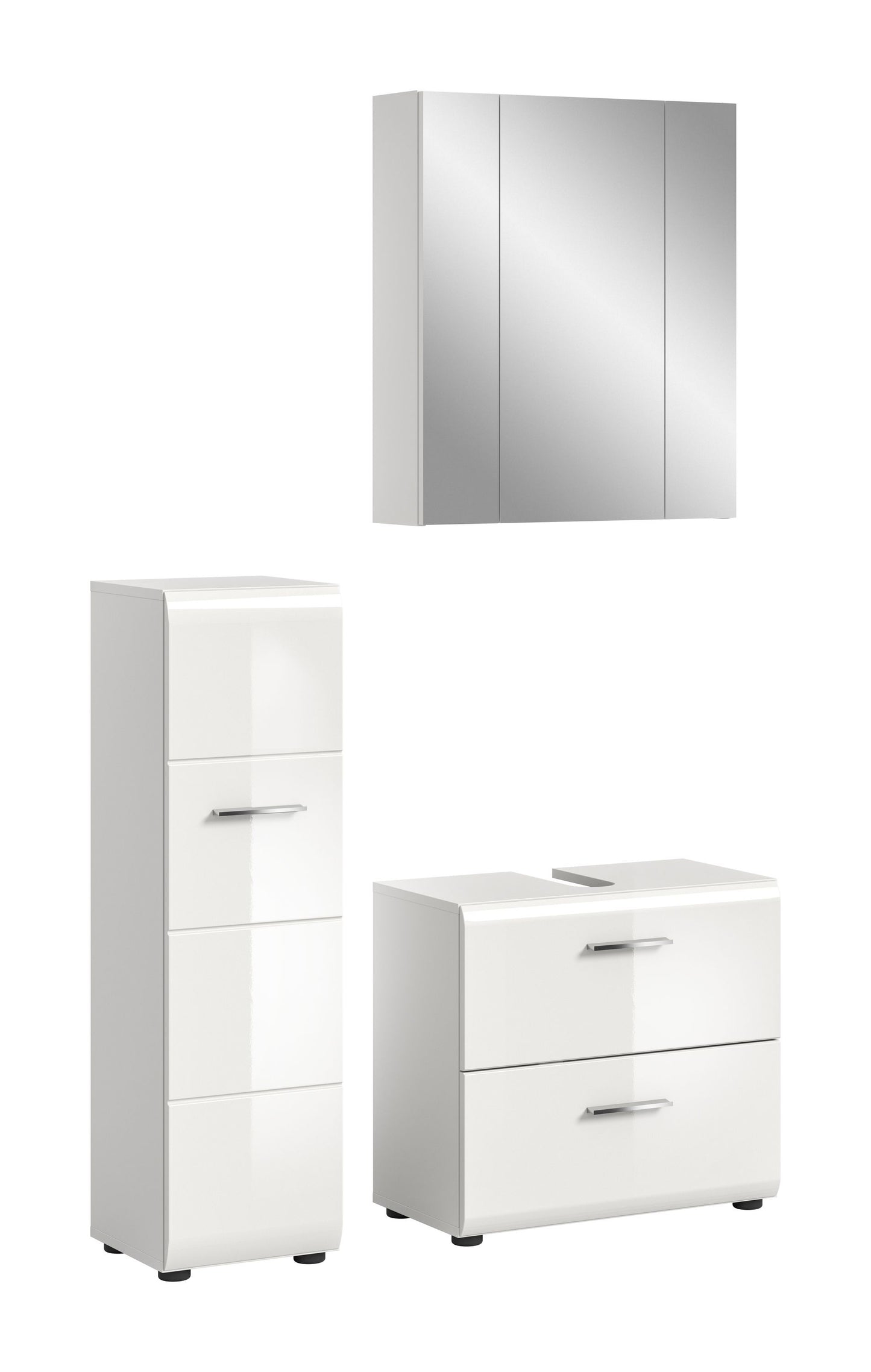Badmöbel-Set mit Spiegelschrank, Waschtischunterschrank und Hochschrank in Weiß