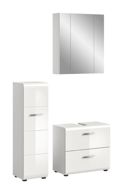 Badmöbel-Set mit Spiegelschrank, Waschtischunterschrank und Hochschrank in Weiß