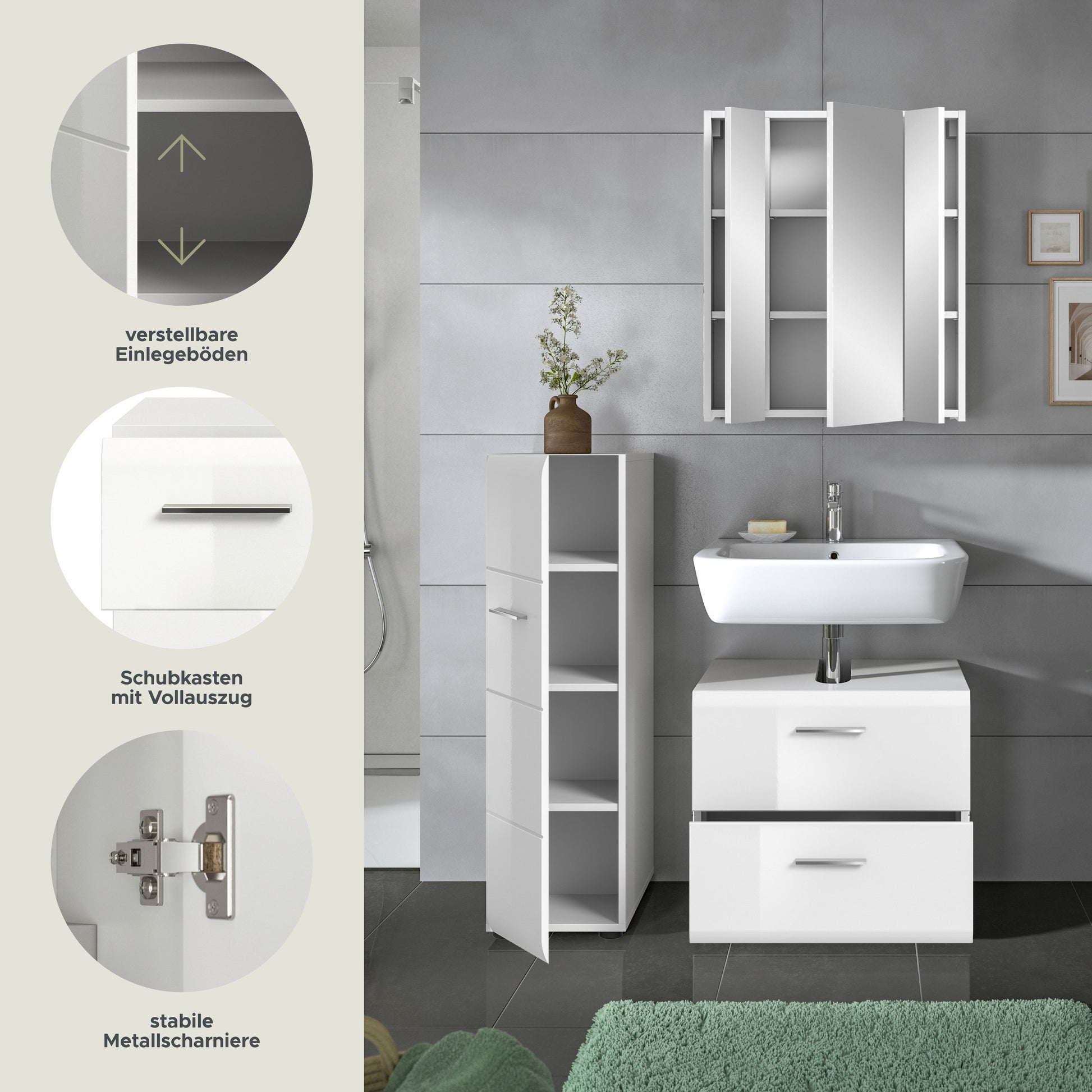 Badmöbel-Set mit Spiegelschrank und Hochschrank sowie Waschtischunterschrank in Weiß