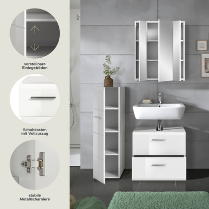 Badmöbel-Set mit Spiegelschrank und Hochschrank sowie Waschtischunterschrank in Weiß