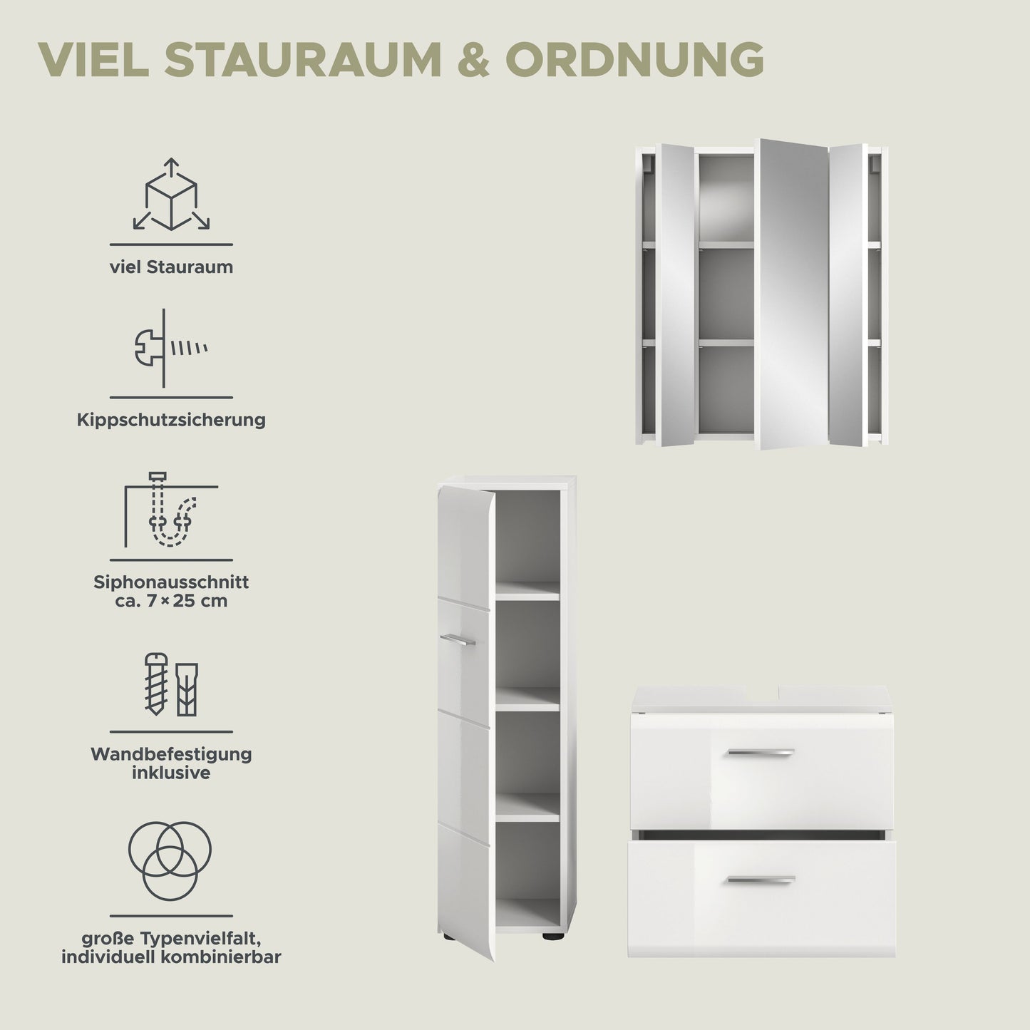Badmöbel-Set: Hochschrank mit Regalfächern und Waschtischunterschrank in Weiß