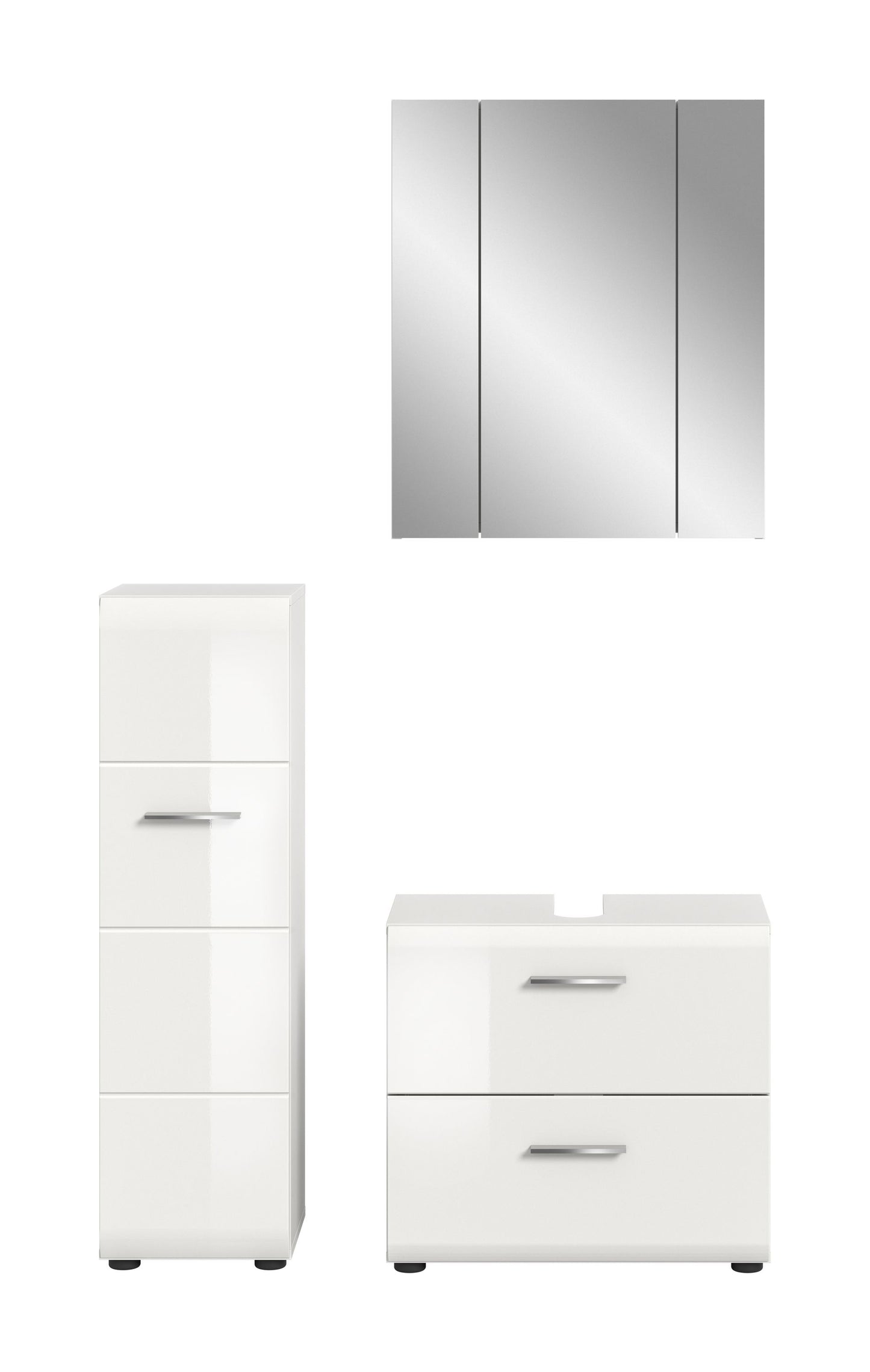 Badmöbel-Set in Weiß: Hochschrank, Waschtischunterschrank und Spiegelschrank